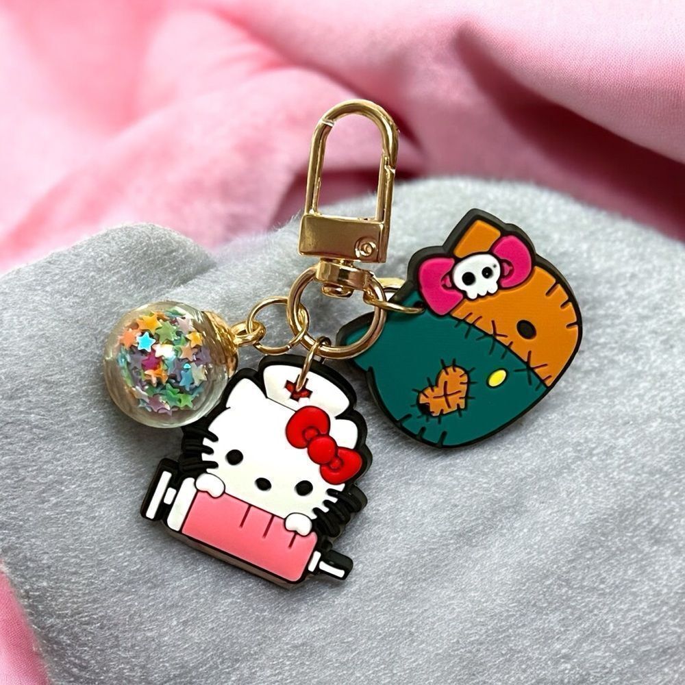 Hello Kitty Nurse Confetti Ball Gold Tone Bag Charm Zipper Pull - Picture 2 of 2